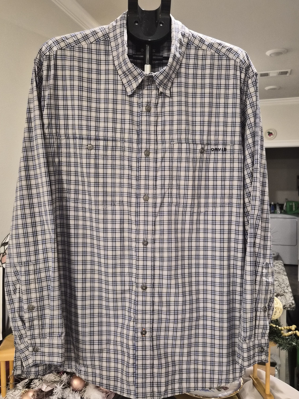 Orvis Mens Plaid Long Sleeve Active Fit Tech Fishing Shirt Size XL Blue Gray
